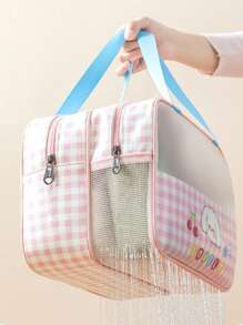 1pc Cartoon & Plaid Transparent PVC Toiletry Bag, Double Layer Dry-Wet Separation Organizer Bag, Waterproof For Travel & Swimming