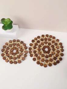 1pc Hollow Out Round Potholder, Boho Bamboo Insulation Pad For Dinner Table, Desk - Multicolor - View 10