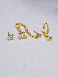 3件套精致迷你立方氧化锆耳环套装，女士立方氧化锆花朵耳骨耳环，时尚饰品，低过敏性14K镀金吊坠耳环，精致长链耳环，适合多个耳洞，女士及女孩配饰 - Gold-2# - 查看 2