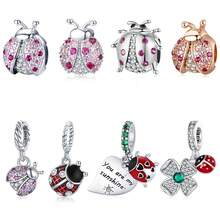 WOSTU 1 件 925 纯银粉色珐琅瓢虫珠粉色锆石瓢虫吊坠女士手链和手镯 DIY 精美珠宝 - 銀色 - 查看 1