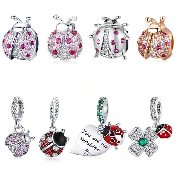 WOSTU 1 pieza Cuentas de mariquita de plata de ley 925 con esmalte rosa y circonita rosa para pulseras y brazaletes de joyería fina DIY de mujeres
