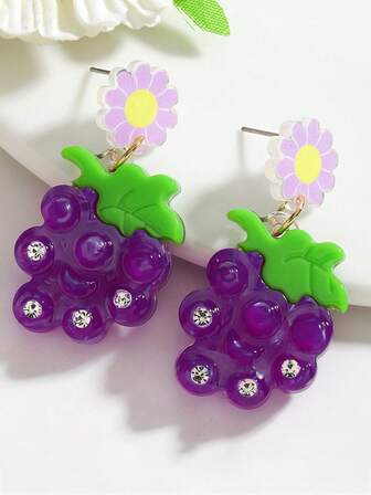 2 件葡萄叶吊坠耳环，紫色树脂锆石金属首饰，适合夏季派对的女士清新之选