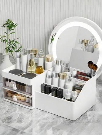 1pc Cosmetic Display Rack – Clear Anti‑Dust Makeup Storage Shelf With Pull‑Out Drawer, Vanity Countertop Organizer For Lipstick, Perfume & Beauty Tools, Homecoming Gift,For Holiday Beach, Bathroom Collection, Bedroom Collection, Large Capacity