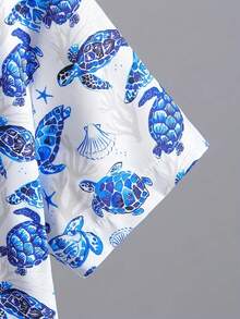 Tween Boy Tropical Beach Holiday , Casual Short Sleeve Blue Turtle & Starfish Print Shirt, Suitable For Outdoor Leisure And Vacation Wear , Travel Essential - Blue - View 5