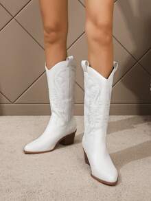 Tropiscape Botas altas de tacón grueso de moda para fiesta con punta puntiaguda y bordado para mujer, ideales para uso en exteriores en Navidad, invierno y como regalo de Navidad - Blanco - Ver 7