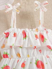 Newborn Baby Girls Summer Cute Sweet Ruffled Strawberry Print Cotton Bodysuit And Headband - Multicolor - View 5