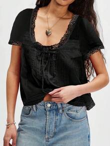 Women Tie Front Shirt Top Y2k Fairy Lace Trim Short Sleeve Bow Decor Crewneck Button Front Sheer Mesh T Shirts Blouses Loose Fit Boho Peplum Shirt Cardigan Summer Going Out Tops Beach Vacation Coquette Clothes - 黑色 - 查看 3