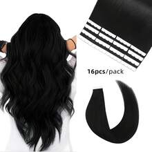 Vlasy 12-24 Inch 16pcs Invisible Tape In Extensions Remy Human Hair Straight Seamless Mini Tape Ins Hair Extensions Real Human Hair (Black) - Natural Black - View 1