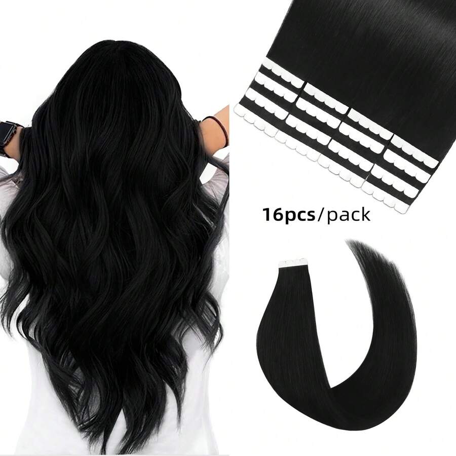 Vlasy 12-24 Inch 16pcs Invisible Tape In Extensions Remy Human Hair Straight Seamless Mini Tape Ins Hair Extensions Real Human Hair (Black) - Natural Black - View 1