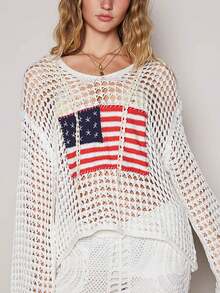 Women's American Flag Crochet Sweater Long Sleeve Hollow Out Lightweight Knit Hoodie 2025 Summer Beach Cover Up Tops - 白色 - 查看 3