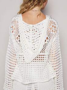 Women's American Flag Crochet Sweater Long Sleeve Hollow Out Lightweight Knit Hoodie 2025 Summer Beach Cover Up Tops - 白色 - 查看 5