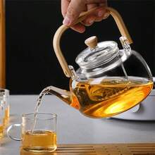 1pc 33.81oz High Borosilicate Glass Large Capacity Handle Teapot With Tea Infuser Clear Glass Teapot Induction Brewing Tea And Health Pot With Wooden Parts For Home Or Kitchen Use - White - View 9