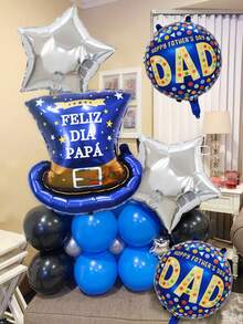 5pcs/Set Father's Day Decoration Balloons, Includes Father's Day Blue Gentleman Hat Balloon, "Feliz DIA Papa" Print, Blue Round "Happy Father's Day" Balloon, Silver Star, And "Happy Father's Day" Balloon, Suitable For Father's Day Party, Dad's Birthday Decorations, Best Father's Day Balloons, Indoor And Outdoor Decor - Multicolor - View 8
