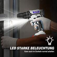 Vandise 21V Cordless Drill/Driver Set With 2x1500mAh Batteries, 25+1 Torque Levels, 45Nm Max, 2-Speed Gearbox, LED Lighting – Power Tool With Accessories, Practical Storage Box & Keyless Drill Chuck (3/8'') For DIY Projects, Household And Garden - trắng - Xem 10