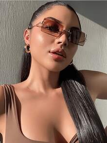 1pc Frameless Rectangle Metal Fashion Glasses, Available In Brown & Black Colors, Fashionable For Daily Life, Outdoor Travel & Beach For Summer Beach Vacation,Outdoor,Travel - Brown - View 2