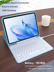 适用于第十代 iPad 的键盘保护套，配备无线键盘和触控笔收纳槽，可拆卸无线蓝牙键盘，150mAh 电池，支持自动休眠/唤醒功能，兼容 iPad Air4/Air5（第七/八/九代，10.2 英寸） - 蓝色 - 淺藍色 - 查看 5