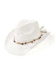 1pc Shell Decor Bohemian Style Beaded UV-Protection Straw Panama Hat, Handmade Versatile Beach Hat, Suitable For All Seasons - White - View 14