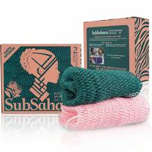 2 piezas de esponja de red africana auténtica de SubSahara - Exfoliante para todo tipo de pieles, esponja de baño para rostro y Body, portátil para viaje, duradera, exfoliación suave - Rosa claro y verde azulado - Ver 1