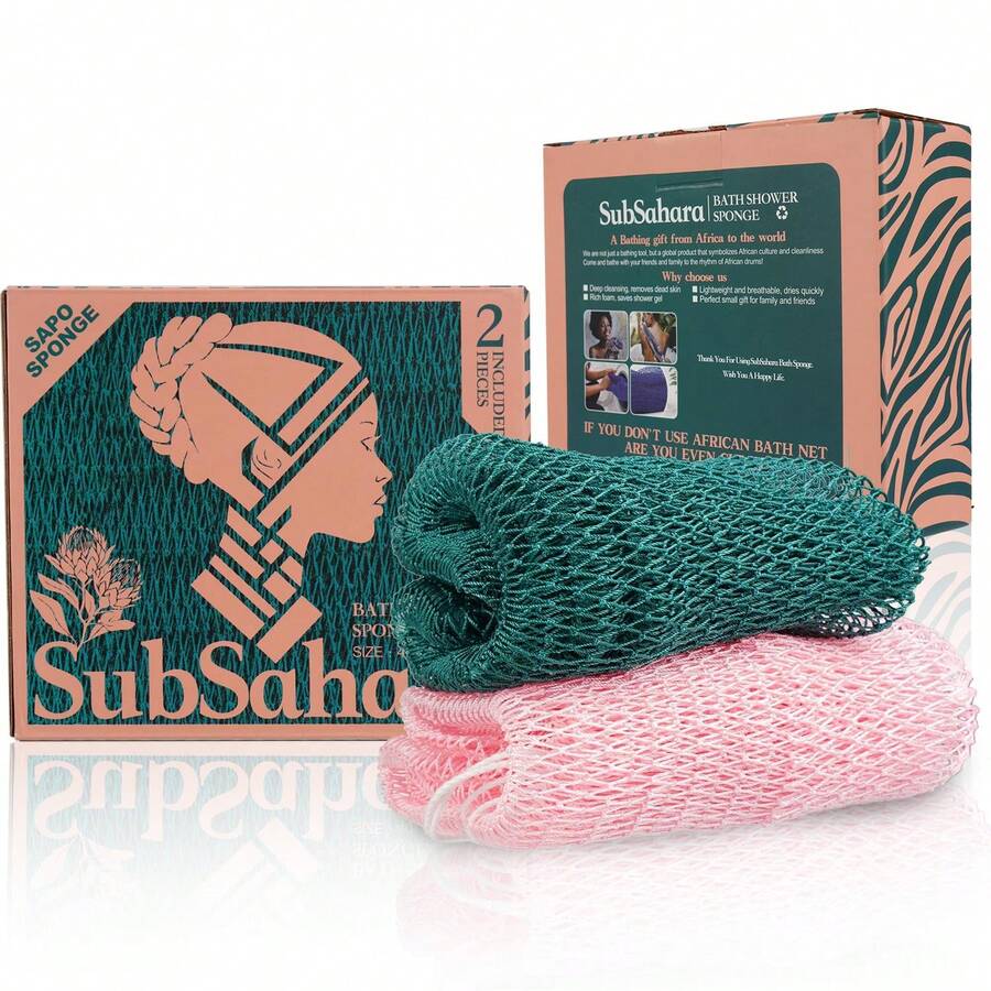 2 piezas de esponja de red africana auténtica de SubSahara - Exfoliante para todo tipo de pieles, esponja de baño para rostro y Body, portátil para viaje, duradera, exfoliación suave - Rosa claro y verde azulado - Ver 1