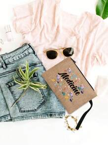 Conjunto de duas peças de linho com bordas amarelas e pretas, com as letras "Med" e estampas coloridas de suprimentos médicos, apresentando um design de nicho de bolsa de lona feminina da moda, bolsa de linho grosso com botões da moda, sacola de compras multifuncional, presente de agradecimento, design inovador, grande capacidade, presente personalizado para aniversários de casamento e de amigos, adequado para férias, vida cotidiana, passeios e compras de supermercado.