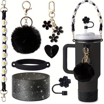 7件套粉色杯子配件，包括：水瓶提手带、硅胶杯套（适用于30盎司和40盎司的杯子）、硅胶吸管套、钥匙扣挂件，是送给女孩、女士和妈妈的最佳礼物。