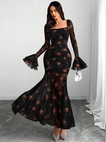 女式哥特式性感优雅玫瑰华丽花朵双袖修身美人鱼下摆双衬里连衣裙 - 彩色 - 查看 2