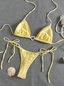 Bikinx Women's Butter Yellow Special Fabric Triangle Cup Bikini Strappy Vacation Swimsuit Set - Yellow - View 7