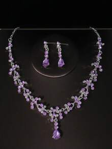 一套女款新娘项链紫钻皇冠耳环耳钉套装婚纱配饰品