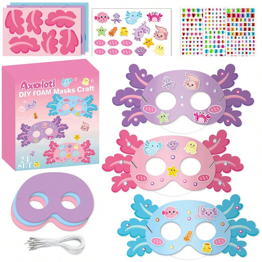 24Pcs DIY Axolotl EVA Sticker Mask Craft Gift Box Set Pink Purple Blue Cartoon Foam Axolotl Sticker Heart Round Or Square Shape Diamond Decal Party Favor Handmade Decoration For Birthday Anniversary Graduation Theme Party Back To School Children's Day Family Time Friends Gathering Celebration Activity