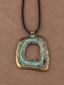 1 pezzo Collana con pendente quadrato asimmetrico e motivo geometrico traforato, catena lunga in corda di cera stile minimalista, adatta per uso quotidiano da donna