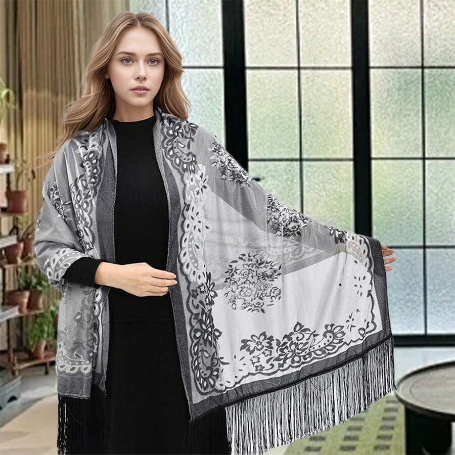 Women Shawl Wraps, Elegant Flower Tassels See-Through Long Scarf Shoulder Cover-Up For Dresses - Grey - View 1