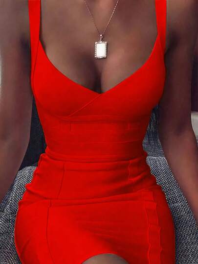 Summer Elegant Spaghetti Strap V Neck Short Bodycon Dress Women Ribbed Bandage Dress Sexy Red Night Out Cocktail Party Dress Clothes