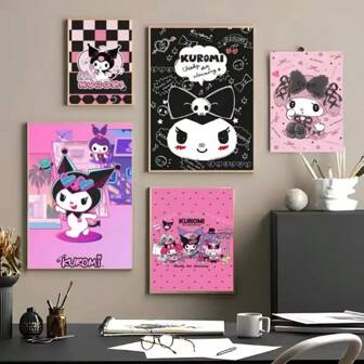 Sanrio 1/6 pièces Affiches murales art mural optionnel avec cadre Impression mignonne sur papier affiche étanche HD Autocollant S-Sanrio K-Kuromi Dessin animé Chambre à coucher Entrée Maison Salon Bar Décoration murale