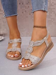 1 双青少年女孩罗马风格凉鞋，全新夏季时尚水钻坡跟软底拖鞋 - 金色 - 查看 3