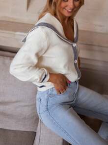 Áo cardigan dệt kim tay dài cổ thủy thủ dành cho nữ, cài nút phía trước, chất liệu nhẹ, dáng suông, phong cách thời trang thường ngày phù hợp cho việc đi làm, áo len trắng dễ thương. - trắng - Xem 4