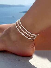 3pcs Copper Chain Starry Sky Reflective Minimalist Anklet Set - Silver - View 5