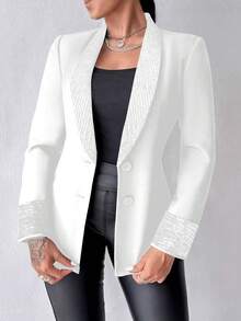 女士优雅亮片披肩领西装外套，纯色涤纶长袖常规版型夹克，四季梭织外套，撞色饰边 - 白色 - 查看 3