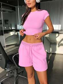 2025 Rave Party Outfit: 2pcs Neon Pink Women's Set | Cropped Sports T-Shirt And Shorts, Casual Sporty Style, Music Festival Essential, Streetwear, European Autumn Fashion, Back To School, Nightclub Attire, Going Out Look - Pink - View 3
