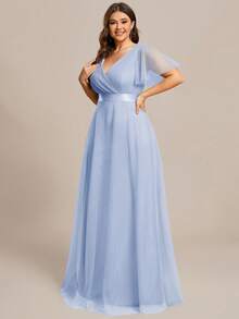 EVERPRETTY Vestido de dama de honor de gasa azul hielo con busto fruncido y cintura alta, elegante y de talla grande, vestido de noche formal, vestido para fiesta y boda, otoño - Celeste - Ver 4