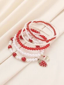 7件套波西米亚风可爱串珠仿珍珠樱桃草莓吊坠叠戴手链，适合女性海滩度假休闲日常佩戴 - 紅白色 - 查看 6