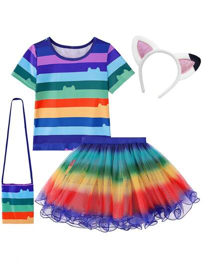 Toddler Girls Rainbow Tutu Dress Set With Headband And Bag, Costume For Halloween, Christmas, Carnival, Cosplay, Birthday Party Outfits, Color Of Tulle Skirt Is Random