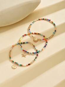 Bộ lắc chân hạt thủy tinh thanh lịch 3 món có mặt dây chuyền hình sao biển và vỏ sò, lắc chân co giãn nhiều lớp đính hạt, phụ kiện phong cách kỳ nghỉ bãi biển mùa hè phù hợp cho mọi mùa (Màu sắc và số lượng ngẫu nhiên) - Nhiều màu - Xem 4