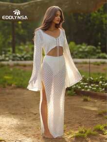 Sexy Knit White Cut Out 2 Pcs Set 2025 Women's Summer Bell Sleeve Lace-Up Loose Top Beach Vacation Half Skirt Two Pieces - White - View 1