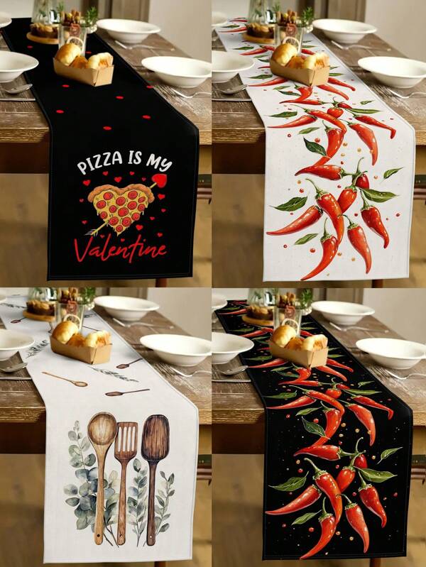 1pc Chili Pepper Pizza Spoon Pattern Table Runner, Modern Style, Faux Linen Material, 33*91cm 33*183cm 33*274cm 3 Size Options, Food Themed Home Decor Indoor Outdoor Party Supplies, Birthday Party Decoration, Room Decor. Suitable For Home Kitchen Decoration And Event Party Decorations