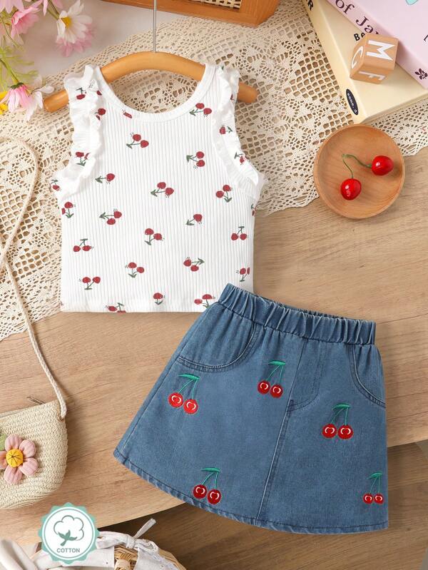 2pcs/Set Elegant & Cute Girls Vest Outfit, Soft, Breathable, Comfortable, All-Over Cherry Pattern Print, Ruffled Sleeveless Vest And Blue Denim Skirt, Suitable For Casual, Everyday, Holiday