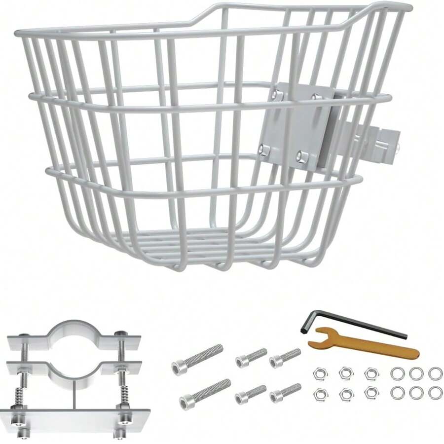 Secure Front Bike Basket For Scooters - Metal Bicycle Basket With Sturdy Wire Design, Non-Sagging Bracket, Rust-Resistant Zinc Alloy, Easy Installation Kit Included - 白色 - 查看 1