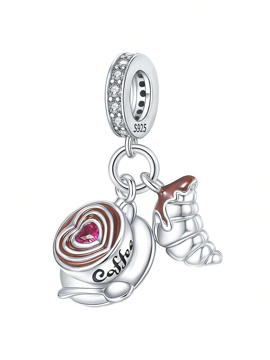Silver Plated Charm Bullhorn Coffee Heart-Shaped Brown Pendant Charm Pendant Ball Suitable For Bracelets DIY Women's Jewelry - Silver - View 1