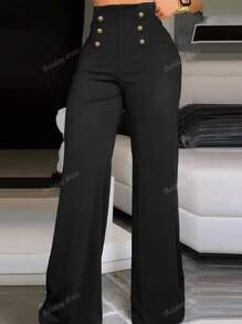 Women's Elegant High Waist Wide Leg Pants - Black Polyester Straight Leg Trousers With Button Detail, Suitable For Casual Or Formal Wear