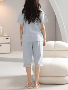 2pcs Women Soft And Comfortable Pajama Set, Short Sleeve Top And Shorts Outfit