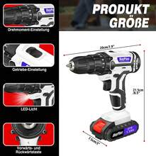 Vandise 21V Cordless Drill/Driver Set With 2x1500mAh Batteries, 25+1 Torque Levels, 45Nm Max, 2-Speed Gearbox, LED Lighting – Power Tool With Accessories, Practical Storage Box & Keyless Drill Chuck (3/8'') For DIY Projects, Household And Garden - trắng - Xem 3